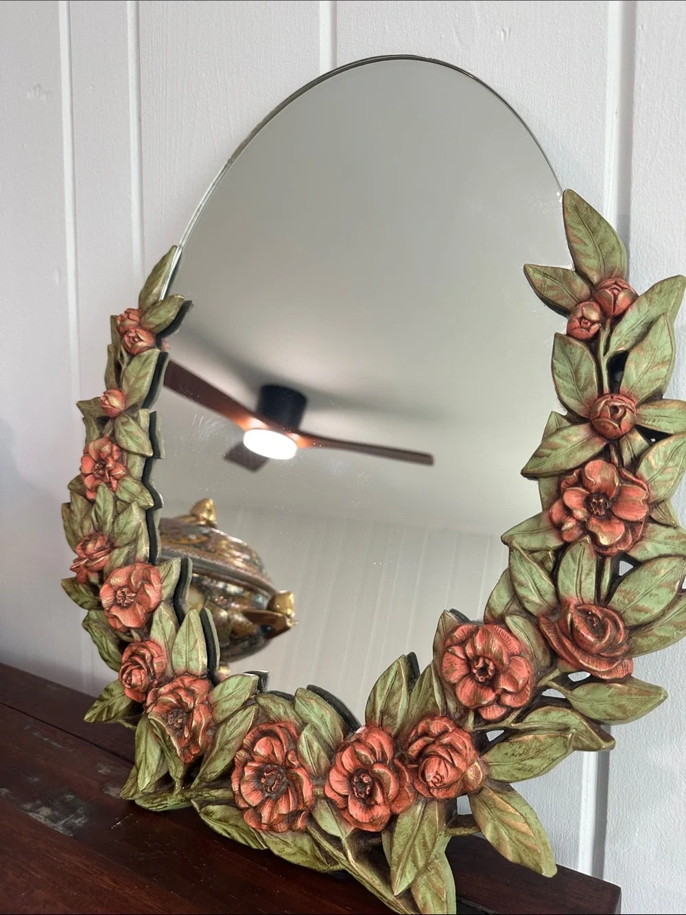Vintage 19 in Floral Leaf Decorative Mirror on a stand  - Pink Gilded Roses